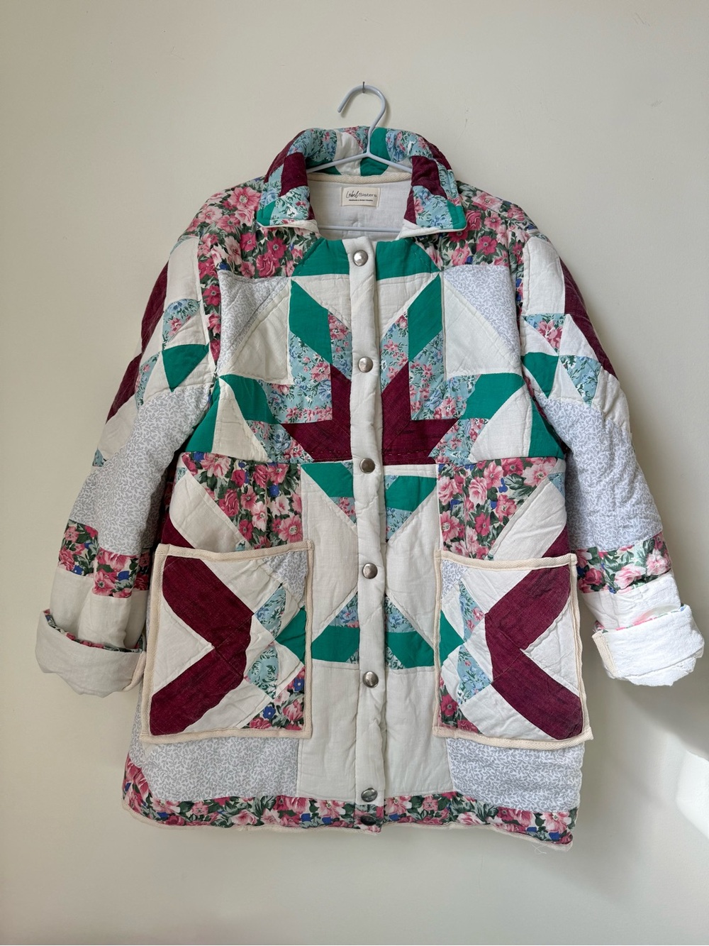 ⭐️ 1. Quilted jacket LONG -teal burg star- upcycled handmade vintage
